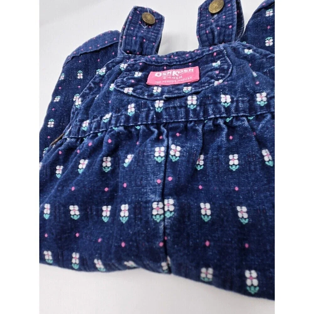 VINTAGE OSHKOSH B'GOSH COTTON DENIM BID OVERALLS 1980S DAISY FLORAL BABY 12 MONS